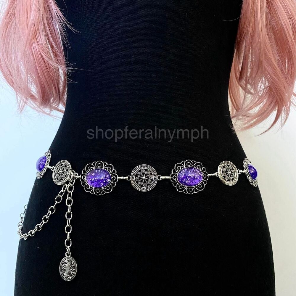 Silver Y2K Purple Stone Whimsygoth Waist Chain Belt, Fits 22-42 Inches, X7GA1376
